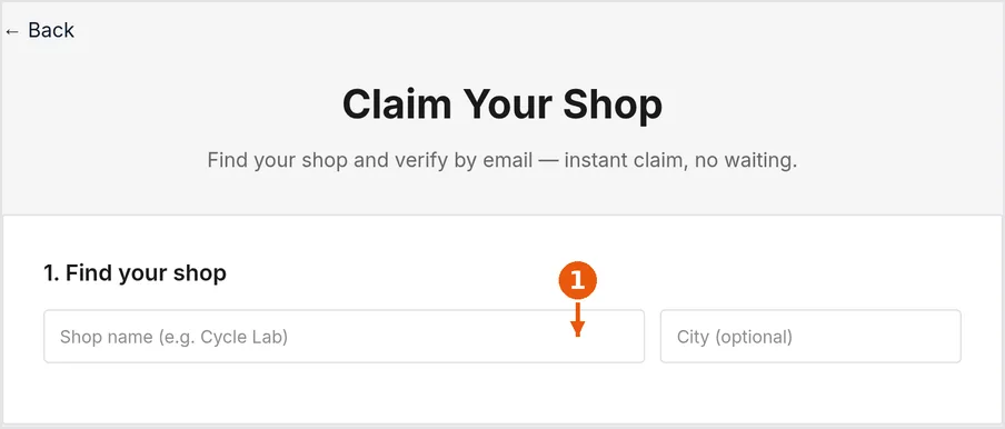 Screenshot of the Claim Your Shop page: pick your shop, then verify with a code sent to the email on file
