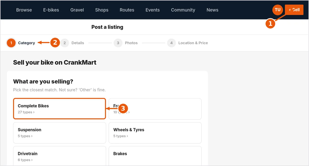 Screenshot of Post a listing, step 1: choose a category