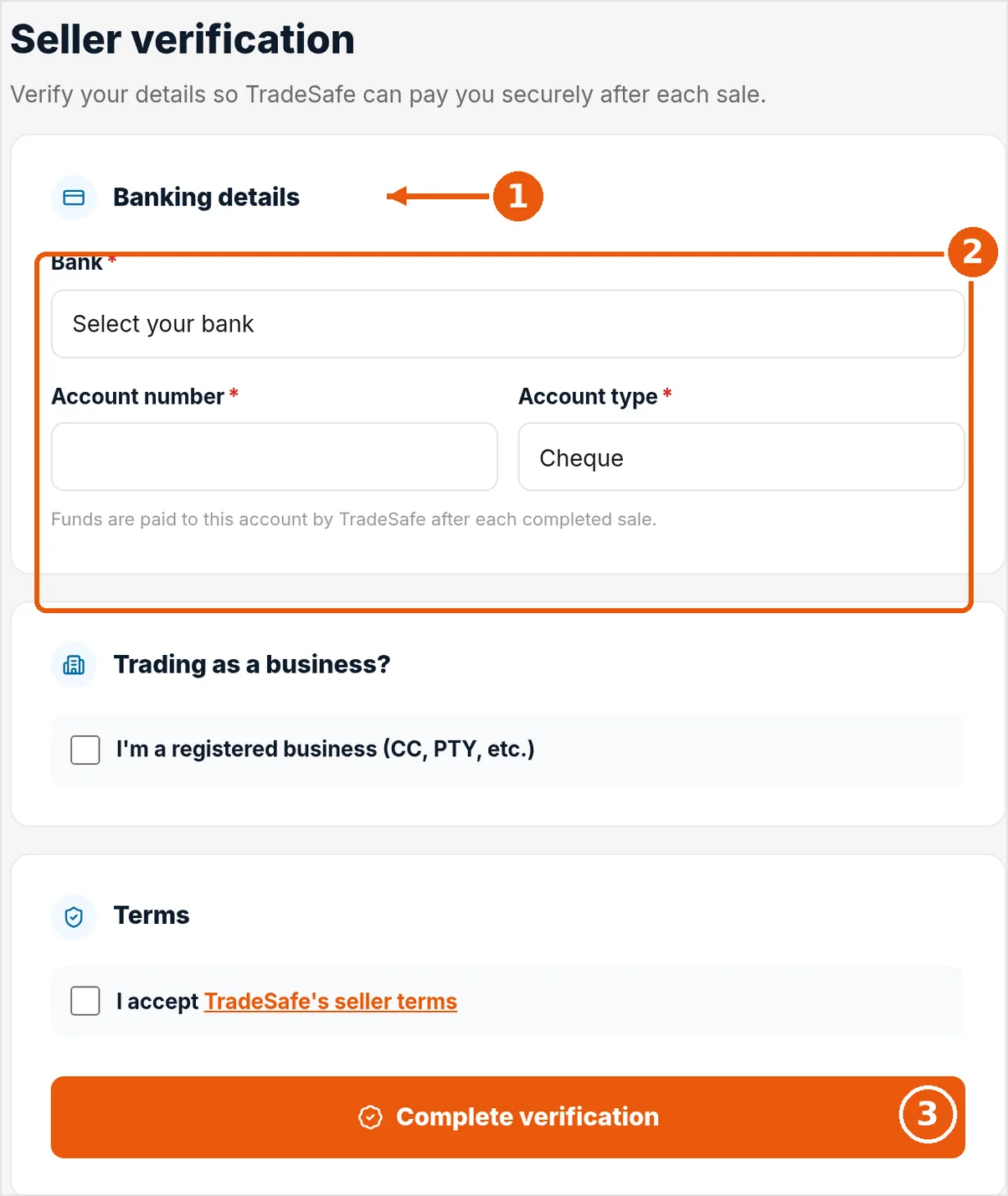 Screenshot of the Seller verification form, banking section, left empty